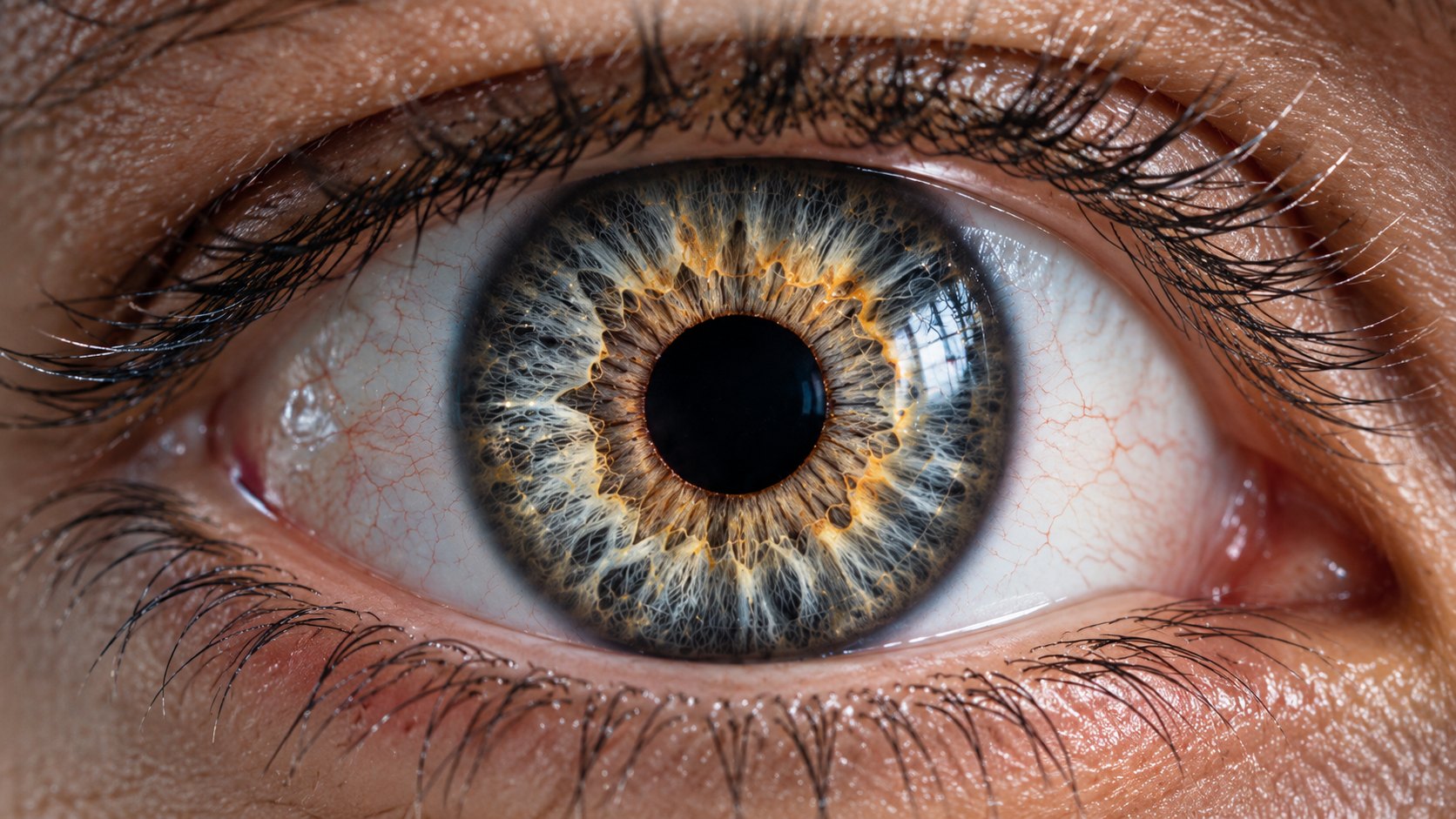 A generated macro image of an iris, overlaid with the viewer's own acuity rings and the four stages of its loop